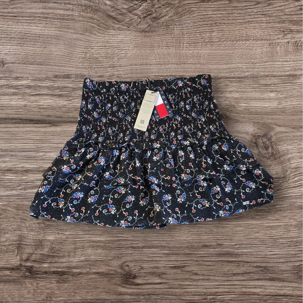 Tommy Hilfiger Womens Floral Smocked Mini Skirt Black Multicolor NWT Size‎ L